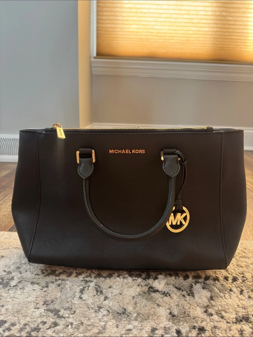 Michael Kors Black Saffiano Satchel with Gold MK Charm